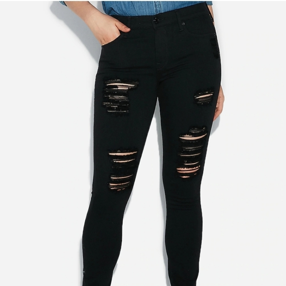 Mid Rise Black Ripped Jean Leggings
